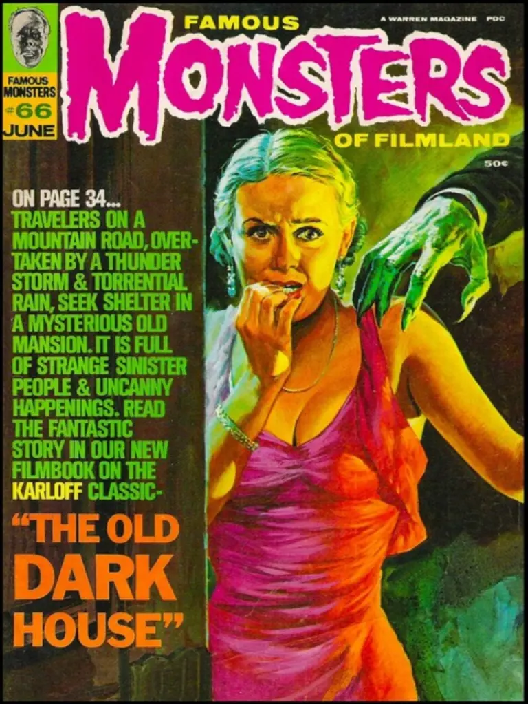 Famous Monsters of Filmland #66 cover painting of woman being attacked from THE OLD DARK HOUSE by uncredited artist