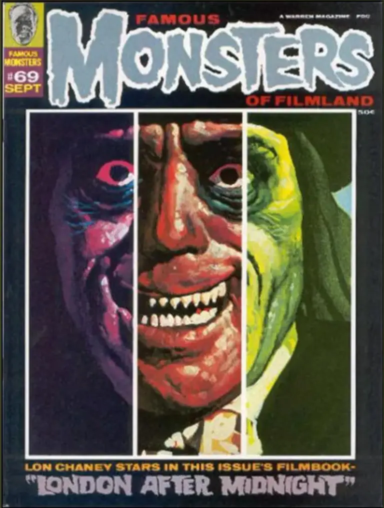 Famous Monsters of Filmland #69 cover painting of Lon Chaney from LONDON AFTER MIDNIGHT by Basil Gogos