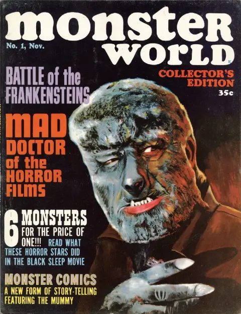 Famous Monsters of Filmland #70 / Monster World #1 cover painting of Chaney as THE WOLF MAN by unknown artist