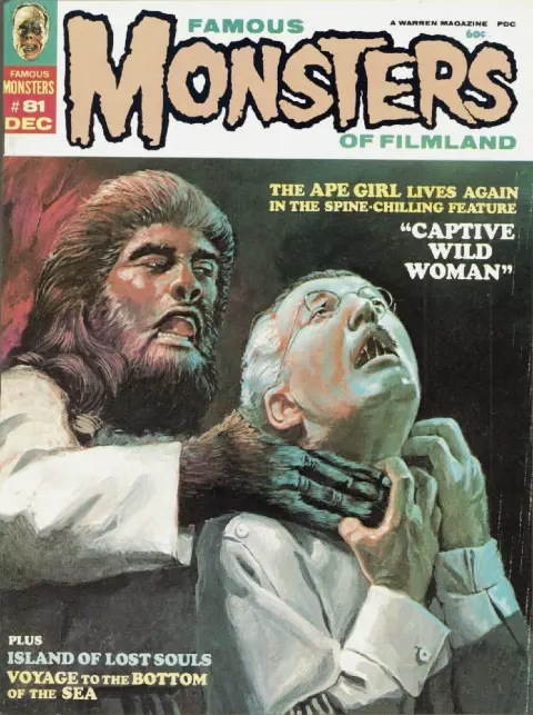 Famous Monsters of Filmland #81 December 1970 cover painting from Jungle Captive by Harold Shull featuring horror monster themes