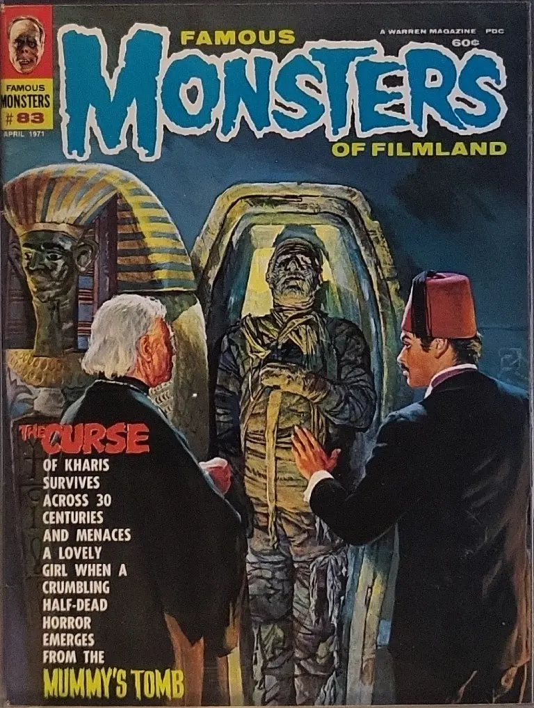 Famous Monsters of Filmland #83 April 1971 cover painting of a scene from The Mummy's Tomb by Basil Gogos featuring horror mummy themes