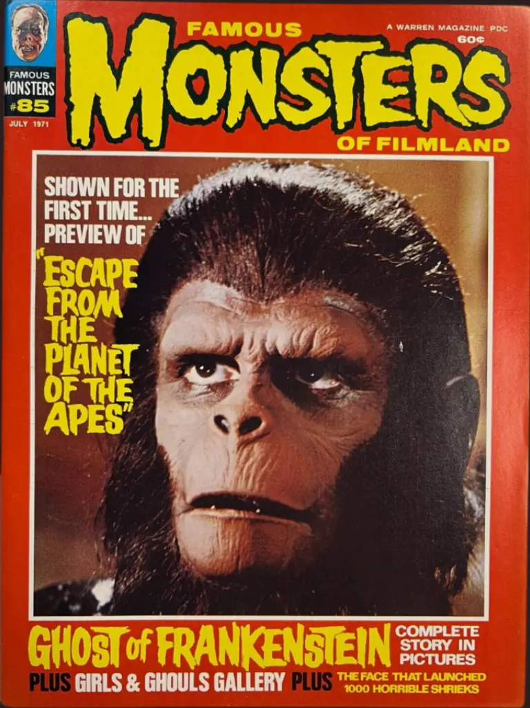 Famous Monsters of Filmland #85 July 1971 cover photo of Roddy McDowall as Cornelius from Escape from the Planet of the Apes featuring sci-fi ape make-up
