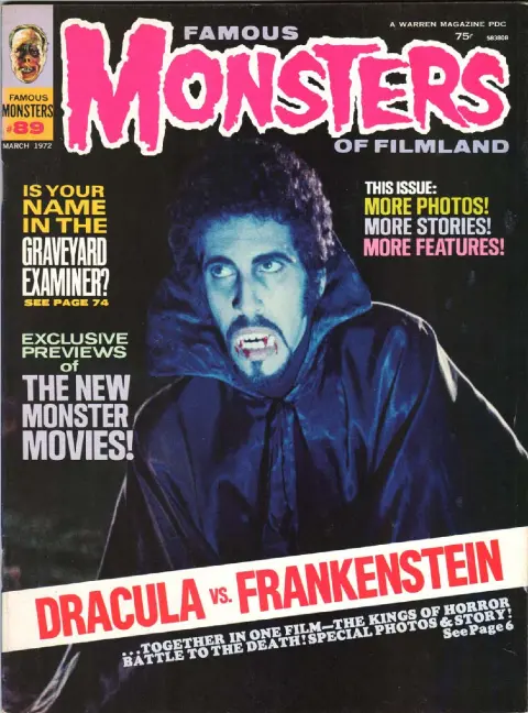 Famous Monsters of Filmland #89 March 1972 cover photo of Zandor Vorkov as Dracula in Dracula vs. Frankenstein featuring horror vampire themes