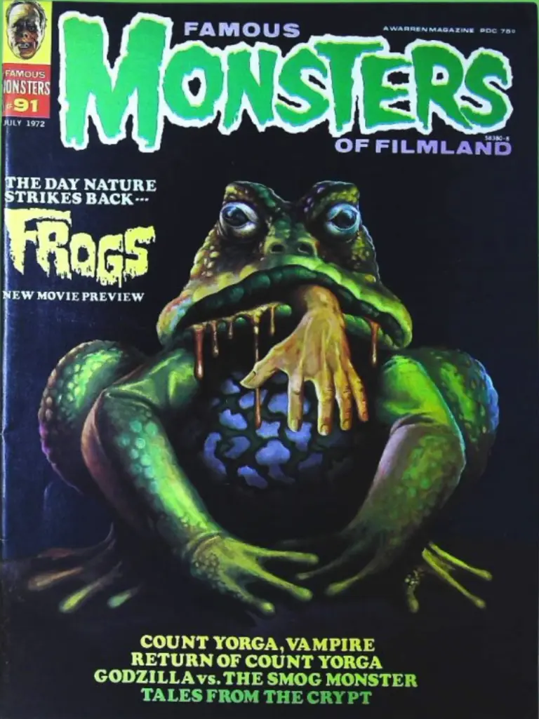 Famous Monsters of Filmland #91 July 1972 cover ad art from Frogs by Ken Kelly featuring horror creature themes