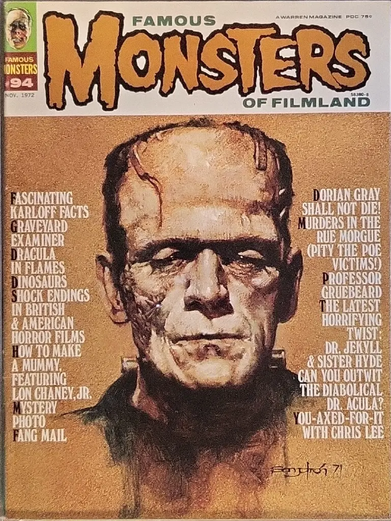 Famous Monsters of Filmland #94 November 1972 cover painting of Karloff as the Frankenstein Monster from The Bride of Frankenstein by Sanjulian featuring horror monster themes