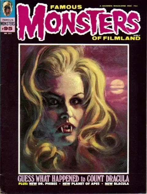Famous Monsters of Filmland #95 January 1973 cover painting of Claudia Barron from Guess What Happened to Count Dracula by Luis Dominguez featuring horror vampire themes