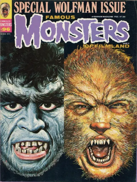 Famous Monsters of Filmland #96 March 1973 cover reprint of 1967 Yearbook Mr Hyde and werewolf from #41 featuring horror transformation themes