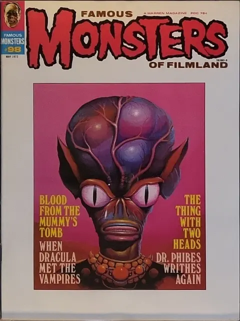 Famous Monsters of Filmland #98 May 1973 cover painting of Martian from Invasion of the Saucer Men by Randy Counts featuring sci-fi alien themes