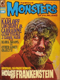 Famous Monsters of Filmland #99 July 1973 cover painting of Lon Chaney Jr. as The Wolf Man by Basil Gogos featuring horror werewolf themes